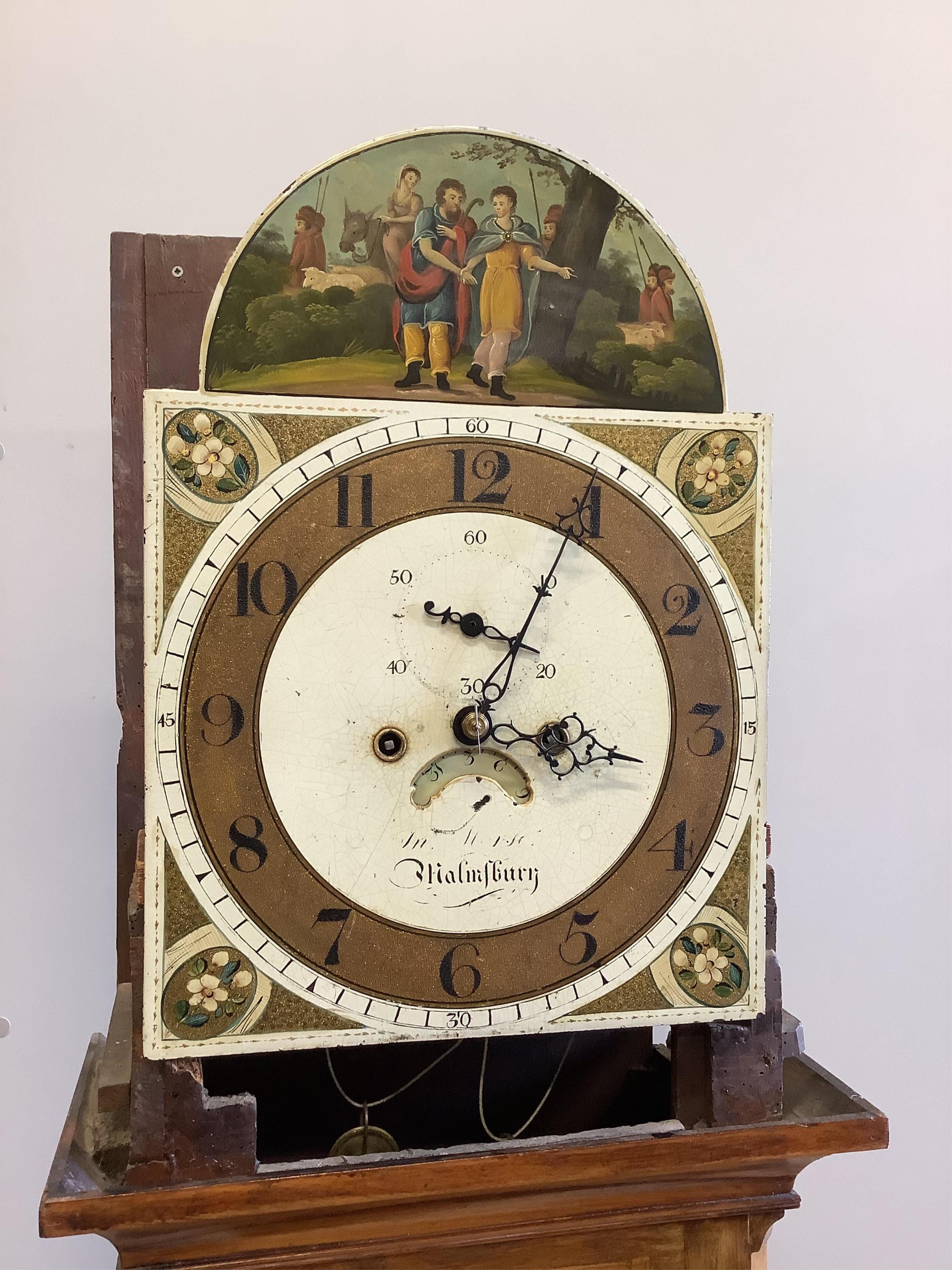 An early 19th century mahogany eight day longcase clock, height 216cm. Condition - poor